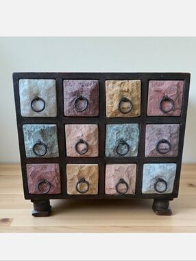 Vtg Apothecary Jewelry Trinket Chest Raw Quartz Stone & Solid Wood 12 Drawers